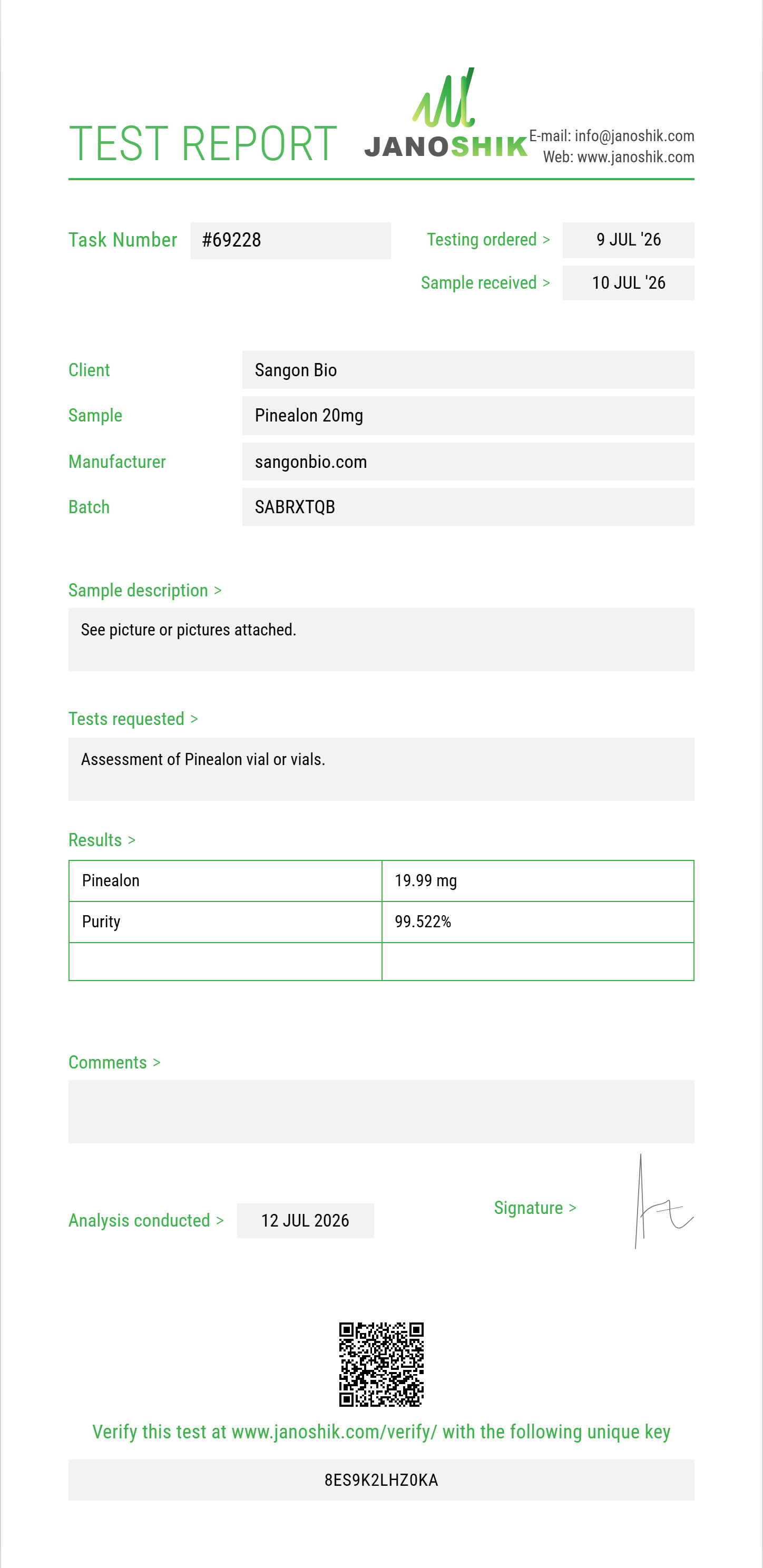 Pinealon Purity (HPLC) report by Janoshik Analytical