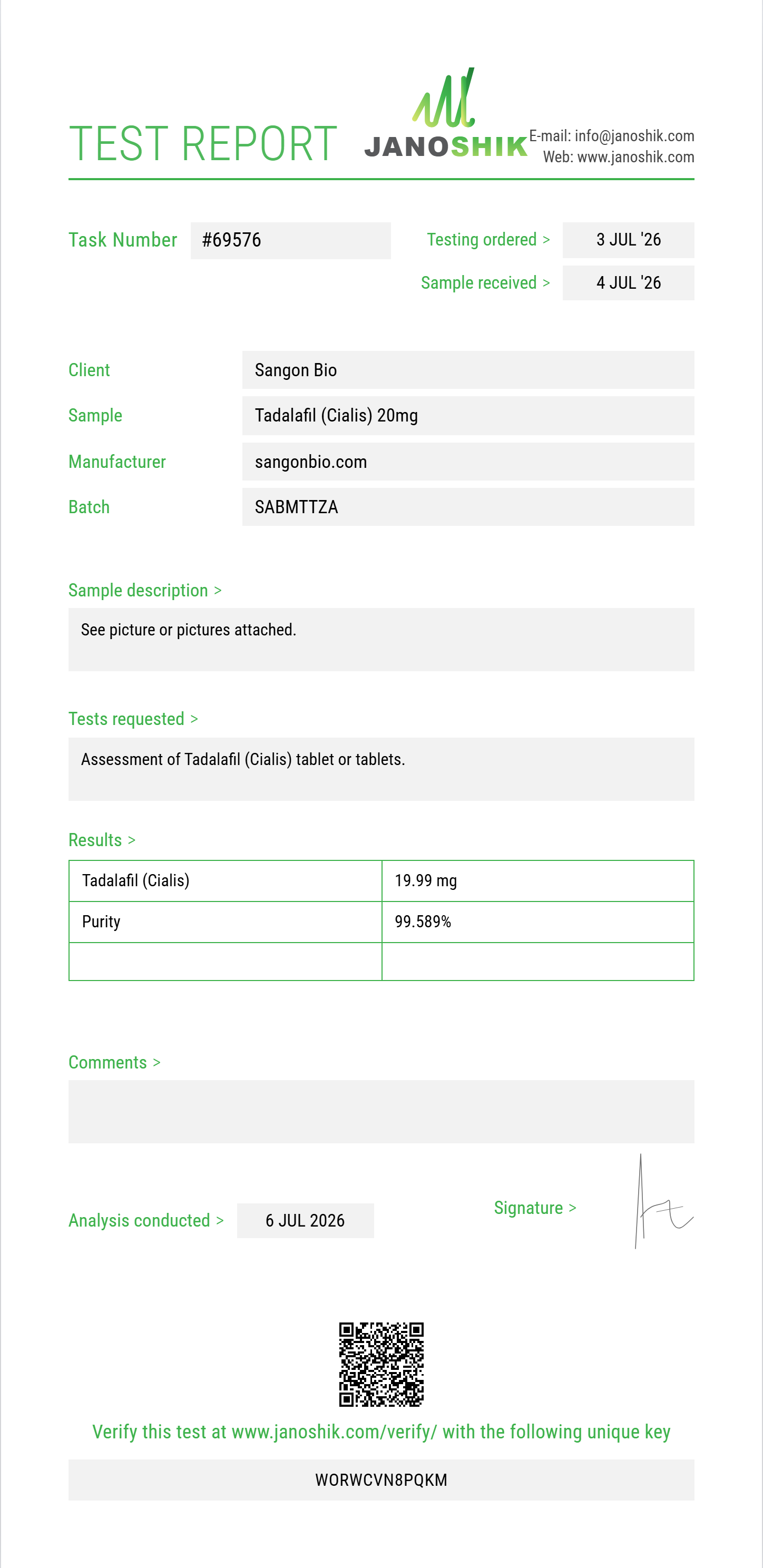 Tadalafil (Cialis) Purity (HPLC) report by Janoshik Analytical