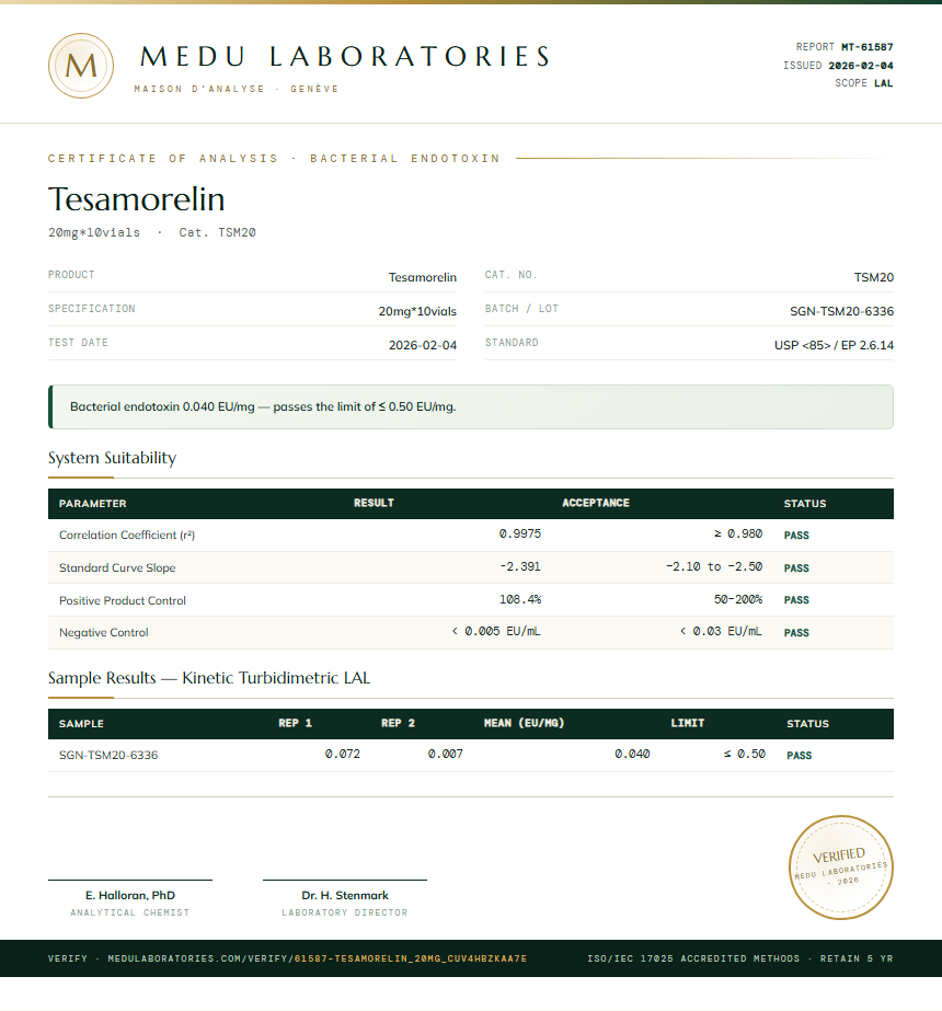 Tesamorelin Endotoxin report by Medutest