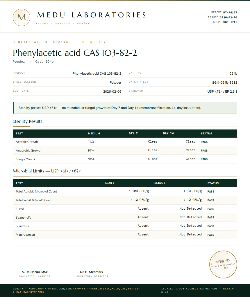 Phenylacetic acid CAS 103-82-2 Sterility report by Medutest
