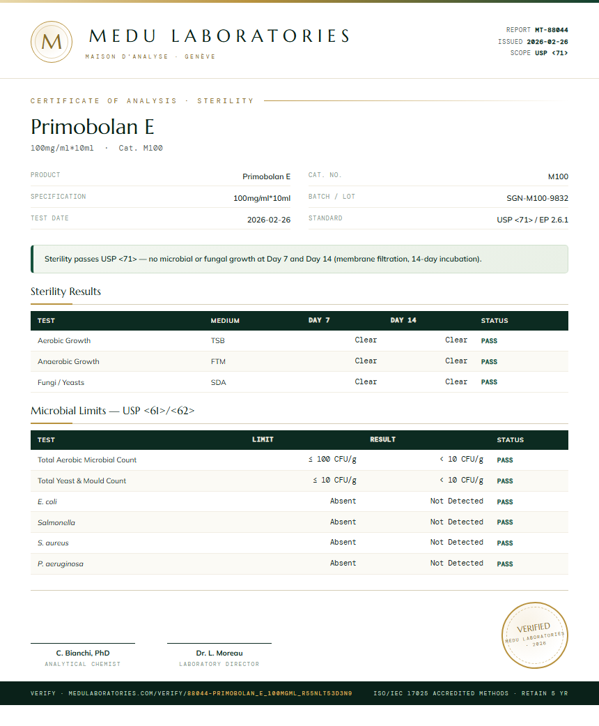 Primobolan E Sterility report by Medutest